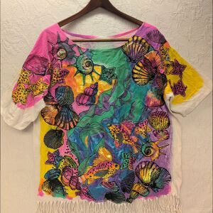 Vintage 90s Tropical Fish Coral AOP All Over Print Shirt Colorful Maximalist Fun